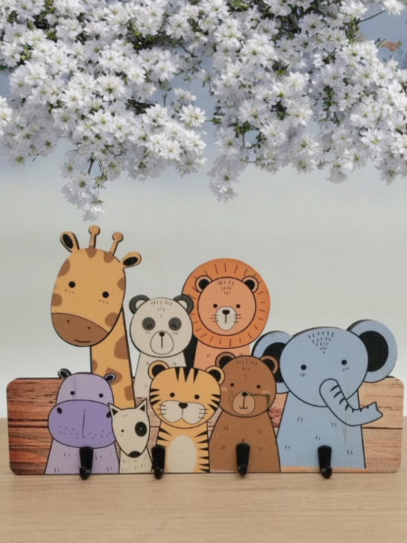 Berenden Çocuk Odası Duvar Askılığı 4 Askılı Montessori Doğal Ahşap Uv Baskılı Askı - 6