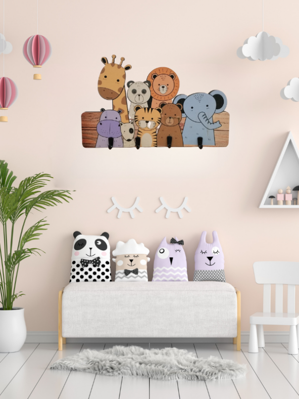 Berenden Çocuk Odası Duvar Askılığı 4 Askılı Montessori Doğal Ahşap Uv Baskılı Askı - 7