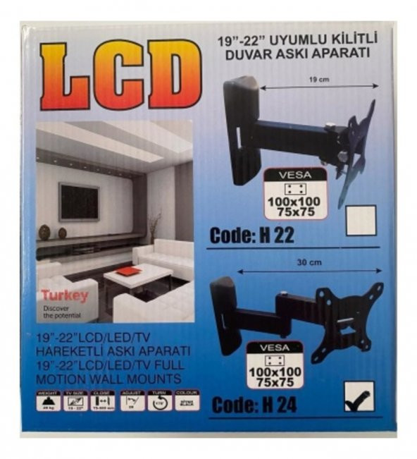 VESA H-24 TV ASKI APARATI 19"-22" UYUMLU KİLİTLİ HAREKETLİ DUVAR ASKI APARATI - 2