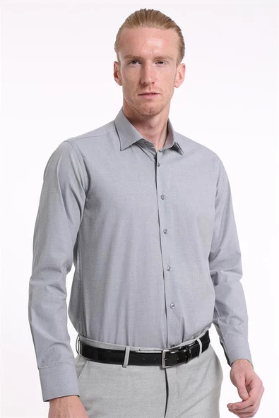 İntersivin Slim Fit Pamuklu Dokulu Düz Gri Erkek Gömlek - 2