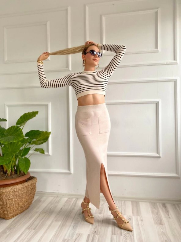 Kadın Cepli Triko Etek Krem Renk - 2