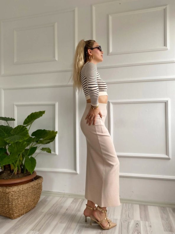 Kadın Cepli Triko Etek Krem Renk - 3