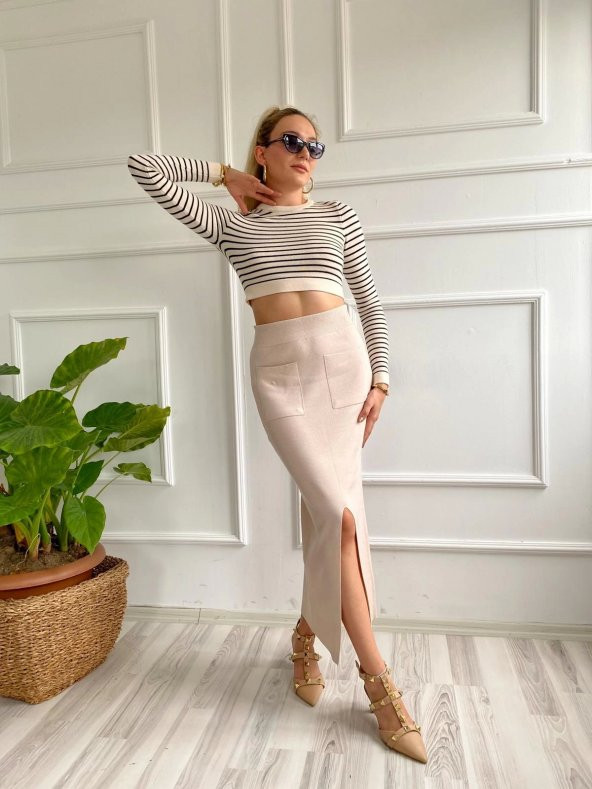 Kadın Cepli Triko Etek Krem Renk - 4