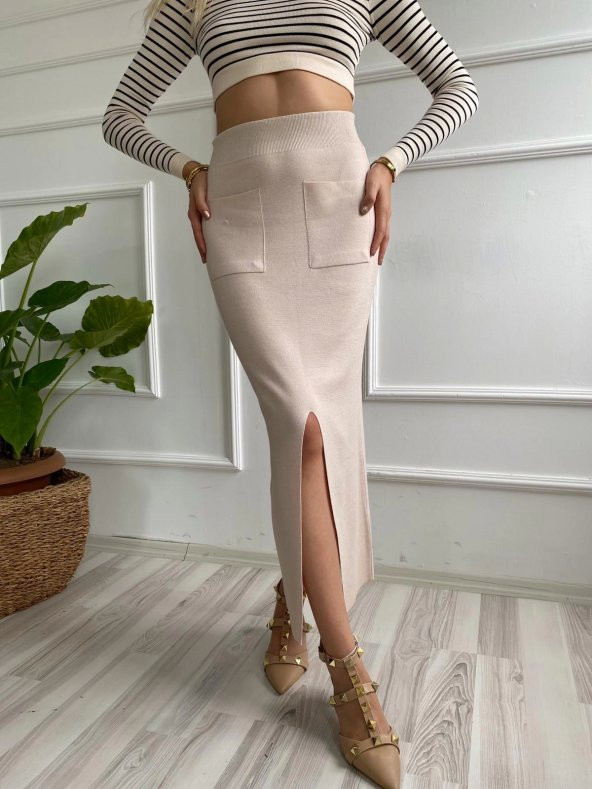 Kadın Cepli Triko Etek Krem Renk - 5