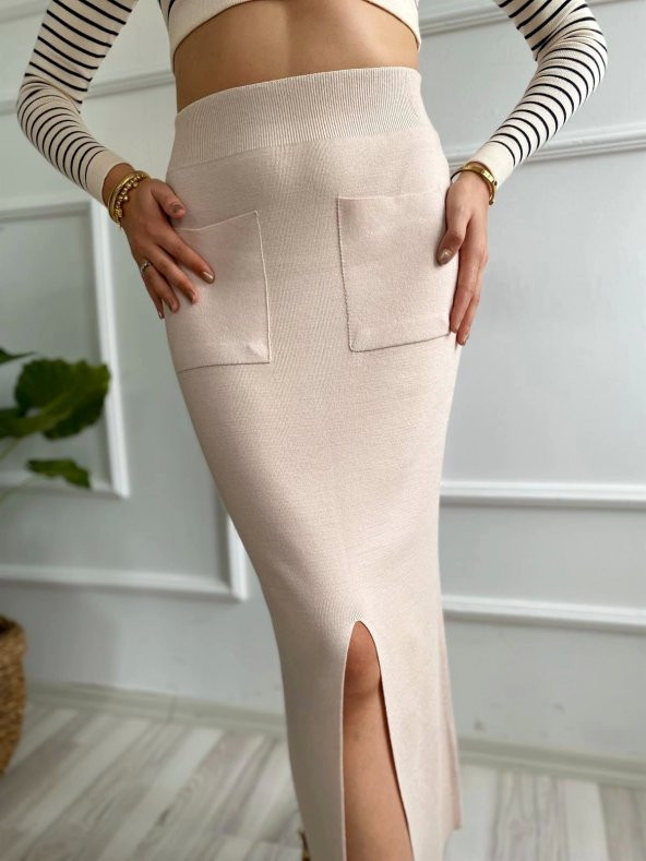 Kadın Cepli Triko Etek Krem Renk - 6