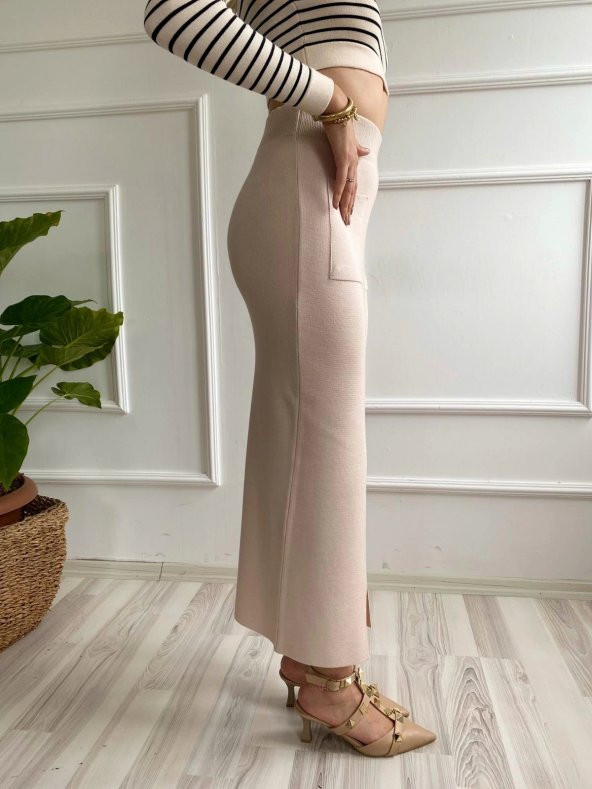 Kadın Cepli Triko Etek Krem Renk - 7