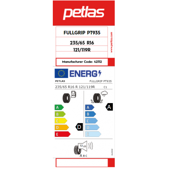 Petlas 235/65 R16C TL 121/119R 12PR Full Grip Pt935 Üretim tarihi 2025 - 2