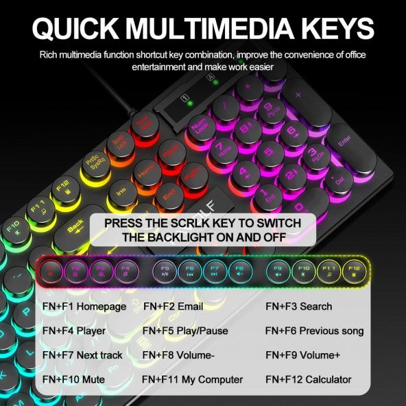Valkyrie T-Wolf TF270 Rainbow RGB Mekanik Hisli Gaming Klavye Mouse Seti Punk Keycap İNGİLİZCE - 6
