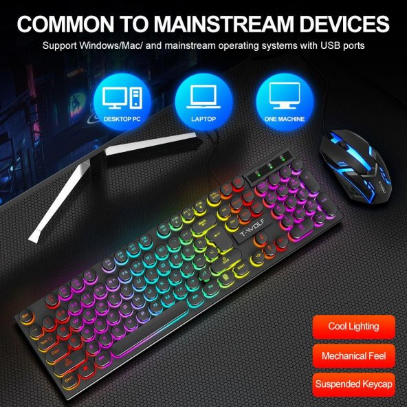 Valkyrie T-Wolf TF270 Rainbow RGB Mekanik Hisli Gaming Klavye Mouse Seti Punk Keycap İNGİLİZCE - 8