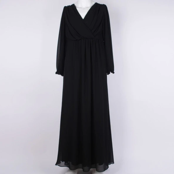 Siyah Uzun Kol Şifon Uzun Abiye Kadın Elbise
