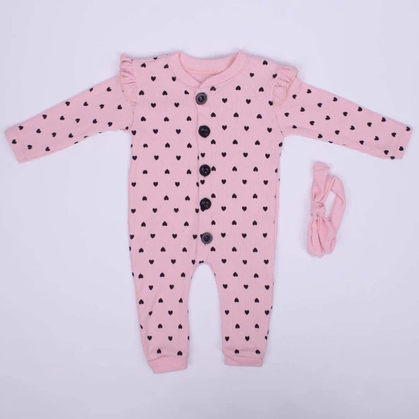 Kız Bebek Pembe Kalp Desenli Bandanalı Tulum