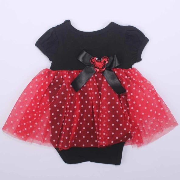 Kız Bebek Siyah Kırmızı Puanlı Tüllü Kendinden Zıbınlı Elbise