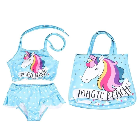 Kız Çocuk Mavi Unicorn Magıc Beach Omuzdan Bağlamalı Çantalı Bikini Set