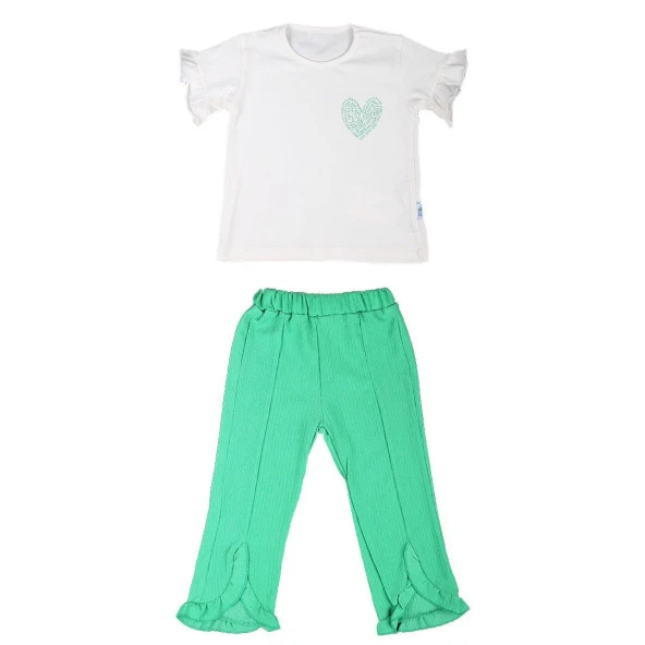 Kız Çocuk Beyaz Yeşil Love Yazılı Gofre Pantolonlu 2'li Takım
