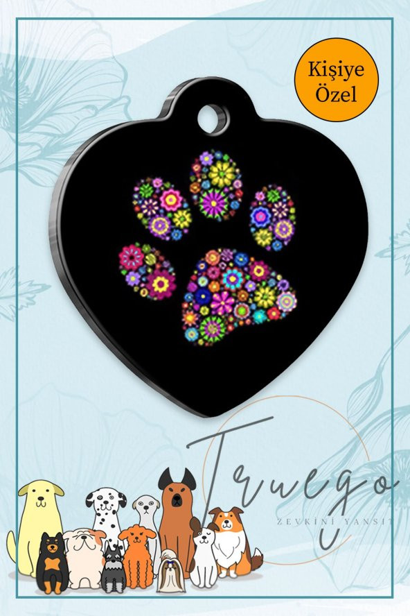 Renkli Pati Desenli Kedi Köpek Künyesi Kalp Şekilli