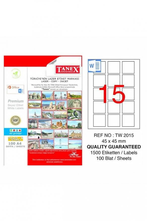 Tanex Laser Etiket 100 Yaprak 45x45 MM Lazer Yazıcı Etiketi