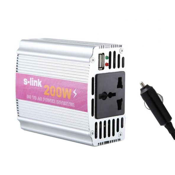 S-Link SL-200w 200w Dc12v-Ac230v Çakmaktan Power Inverter 12V-220V Çevirici Dönüştürücü Çakmaklıklı
