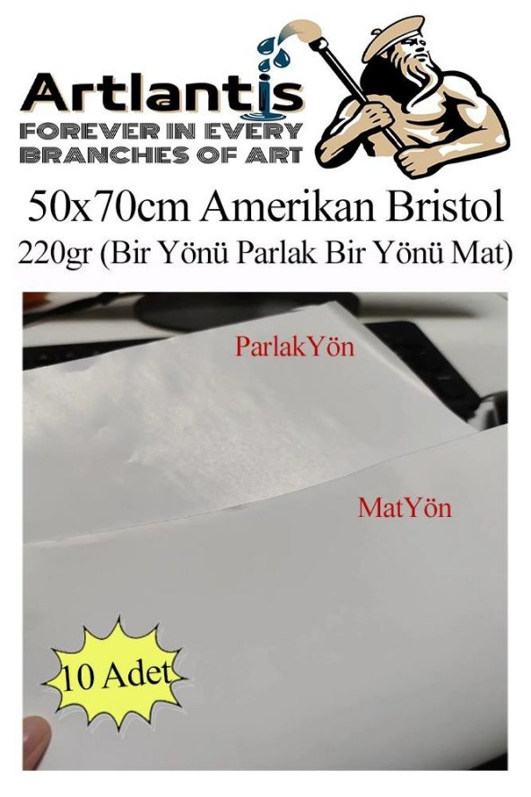 Amerikan Bristol Karton 50x70 cm 10 Adet 220 gr Bir Tarafı Parlak Bir Tarafı Mat Kağıt Biristol Karton