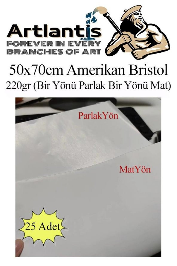 Amerikan Bristol Karton 50x70 cm 25 Adet 220 gr Bir Tarafı Parlak Bir Tarafı Mat Kağıt Biristol Karton
