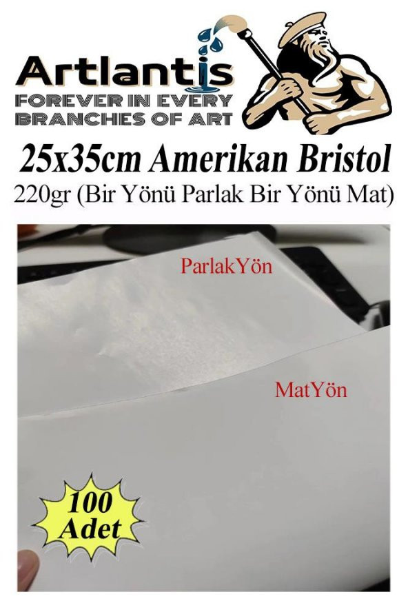 Amerikan Bristol Karton 25x35 cm 100 Adet 220 gr Bir Tarafı Parlak Bir Tarafı Mat Kağıt Biristol Karton