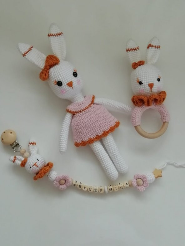 Sevimli Tavşan Uyku Arkadaşı Seti Amigurumi Organik Oyuncak - 1