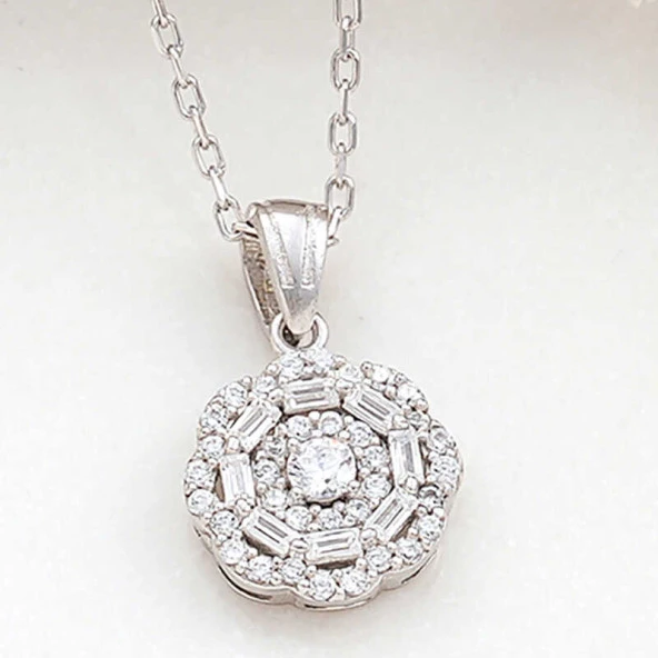 Gümüş Zirkon Taşlı Çiçek Kadın Kolye - 2