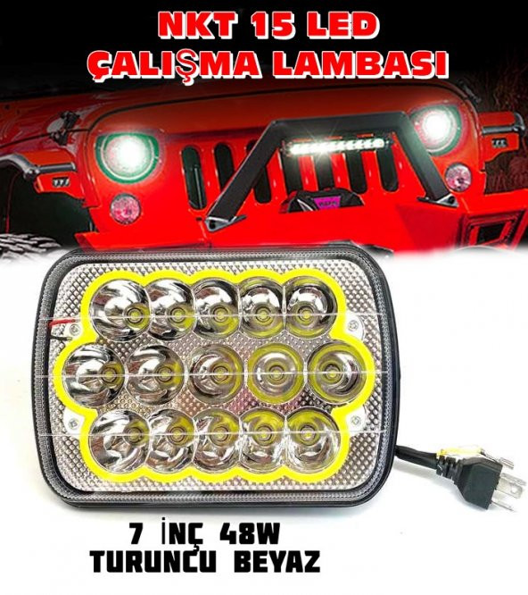 Offroad 7 inç 15 Led Turuncu Beyaz Çalışma Lambası Dikdörtgen