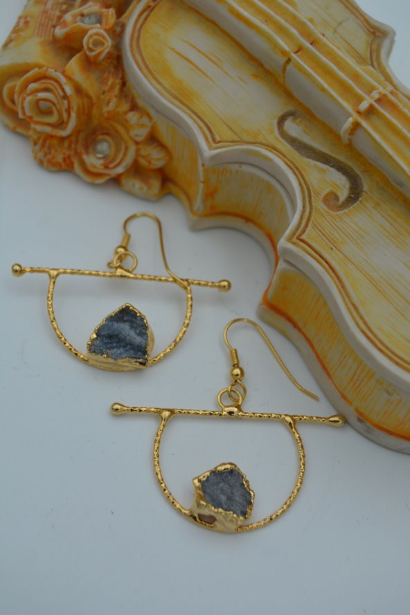 STONEAGE JEWELLERY Kuvars Taşlı Taşarım Küpe Altın Rengi - Resim 3