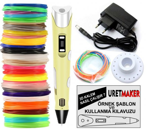 SARI Renk 3D Pen Kalem Yazıcı ve 30 metre PLA Filament (10 renk x 3 metre)