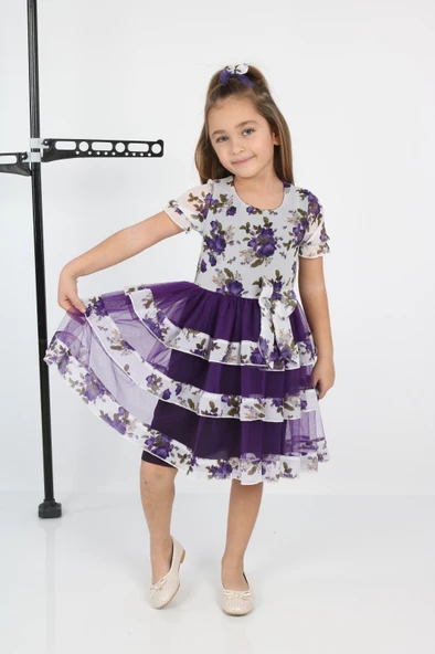 ÇocukyoluKids Çiçekli 3 Şeritli Şifon Elbise A1111111112003 - 9