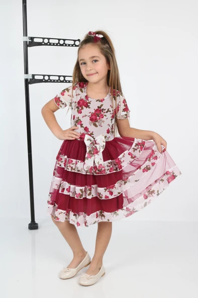 ÇocukyoluKids Çiçekli 3 Şeritli Şifon Elbise A1111111112003 - 3