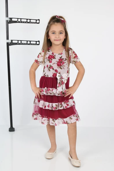 ÇocukyoluKids Çiçekli 3 Şeritli Şifon Elbise A1111111112003 - 5