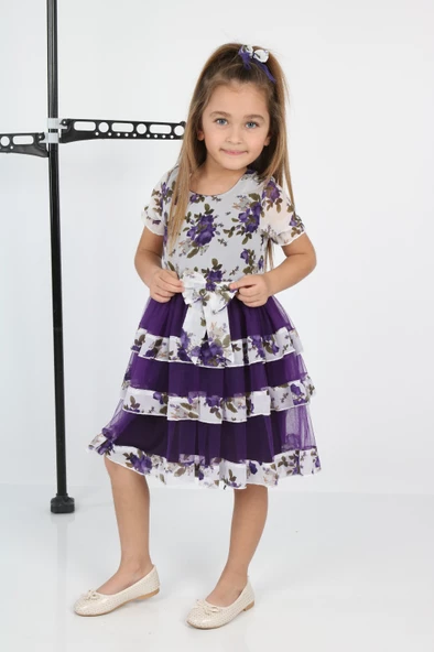 ÇocukyoluKids Çiçekli 3 Şeritli Şifon Elbise A1111111112003 - 6
