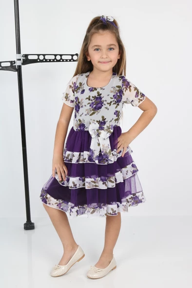 ÇocukyoluKids Çiçekli 3 Şeritli Şifon Elbise A1111111112003 - 2