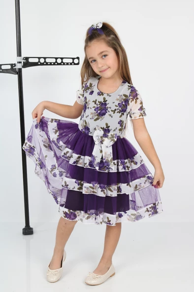 ÇocukyoluKids Çiçekli 3 Şeritli Şifon Elbise A1111111112003 - 4