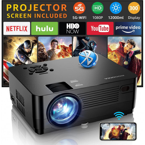 Roconia 12000LM Full HD Film Projektörü, 300 Inc Ekran Desteği 4k