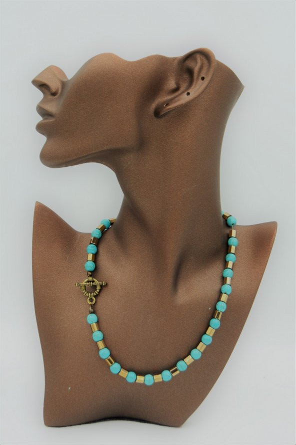 STONEAGE Turkuaz ve Hematit Taşlı Gemici Kilit Nazar ve Şifa Kolyesi ürün görseli