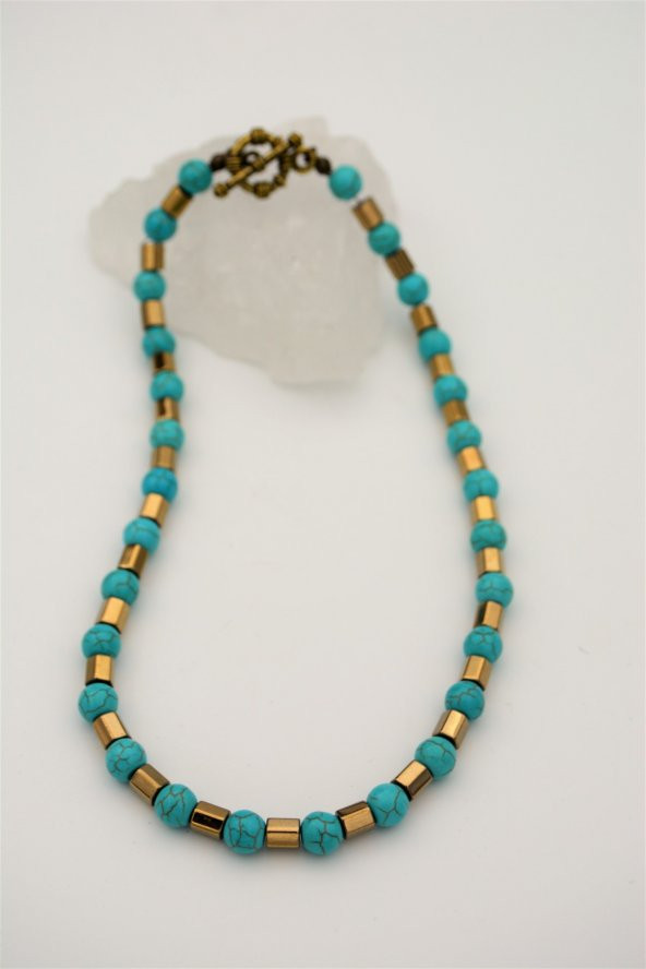 STONEAGE Turkuaz ve Hematit Taşlı Gemici Kilit Nazar ve Şifa Kolyesi - Resim 3