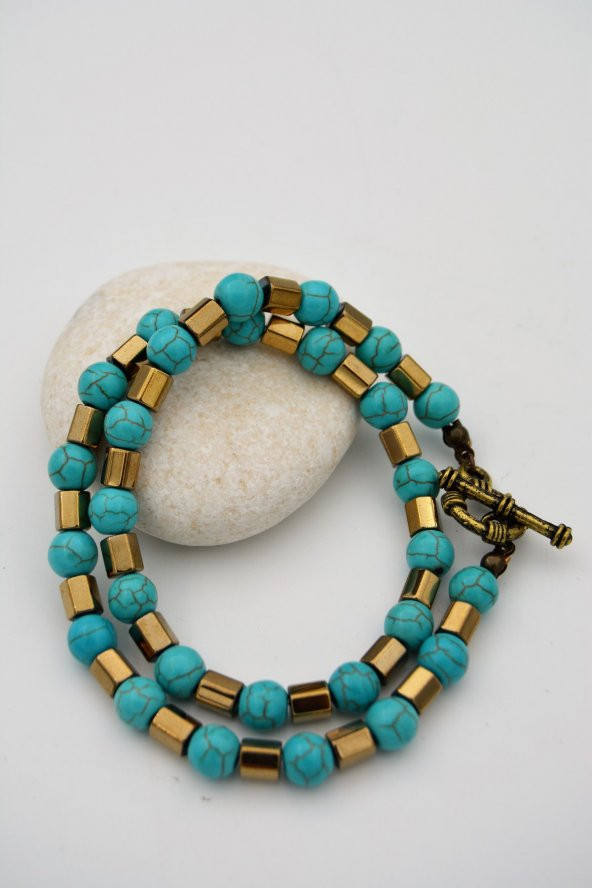 STONEAGE Turkuaz ve Hematit Taşlı Gemici Kilit Nazar ve Şifa Kolyesi - Resim 4