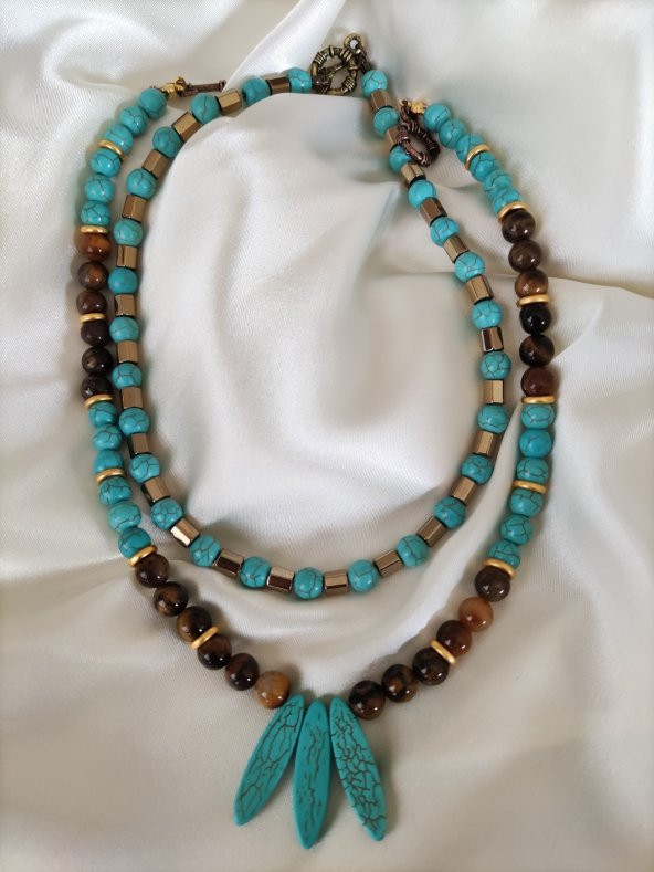 STONEAGE Turkuaz ve Kaplan Gözü Taşlı Gemici Kilitli Özel Kolye - Resim 2