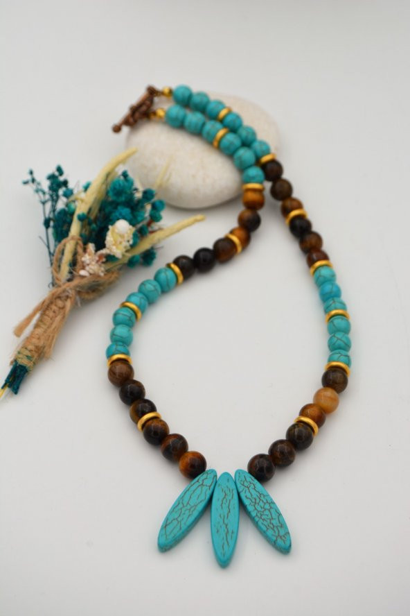 STONEAGE Turkuaz ve Kaplan Gözü Taşlı Gemici Kilitli Özel Kolye - Resim 6