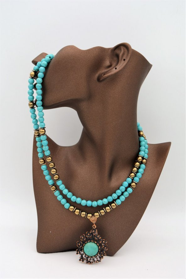 STONEAGE Turkuaz ve Hematit ve Turkuaz Taşlı Nazar ve Şifa Kolyesi - Resim 4