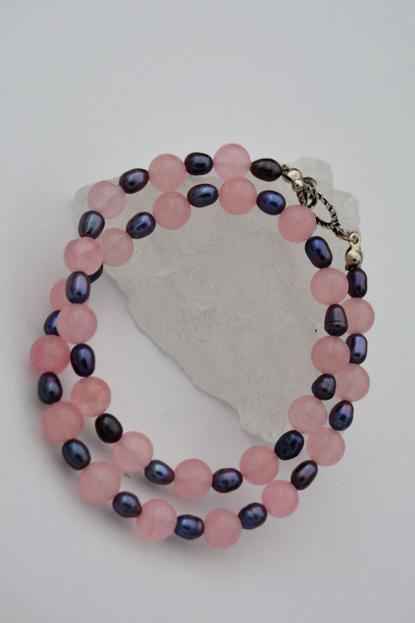 STONEAGE Pembe Kuvars Hematit Taşlı T Kilit Şifa Kolyesi - Resim 3