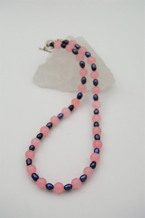 STONEAGE Pembe Kuvars Hematit Taşlı T Kilit Şifa Kolyesi - Resim 5