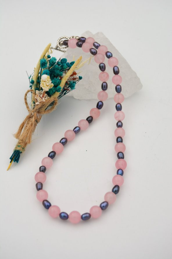 STONEAGE Pembe Kuvars Hematit Taşlı T Kilit Şifa Kolyesi - Resim 6