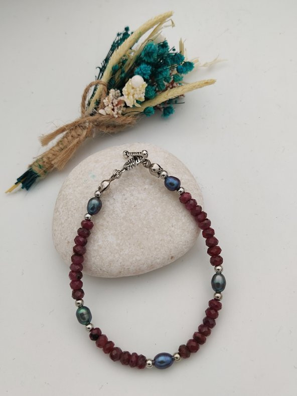 STONEAGE Gerçek Yakut ve Siyah İnci Şifa Bilekliği - 2