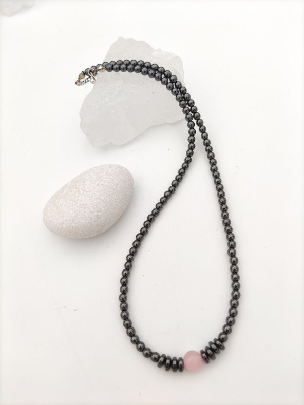 STONEAGE Pembe Kuvars ve Hematit Taşlı Şifa Kolyesi