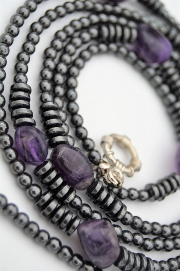 STONEAGE Ametist ve Hematit Taşlı Tasarım Gemici Kilit Kolye ürün görseli