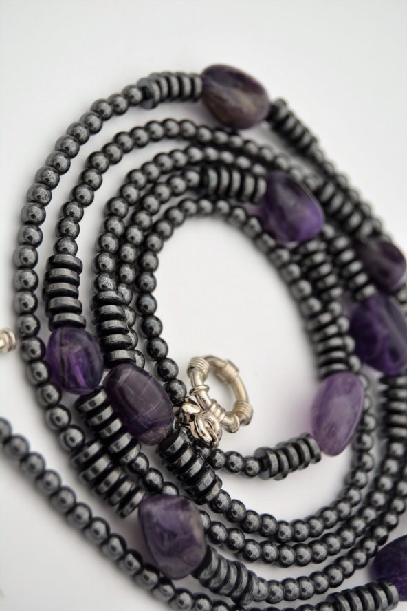 STONEAGE Ametist ve Hematit Taşlı Tasarım Gemici Kilit Kolye - Resim 2