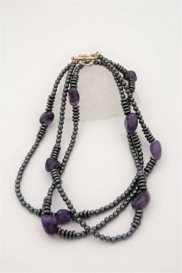 STONEAGE Ametist ve Hematit Taşlı Tasarım Gemici Kilit Kolye - Resim 3